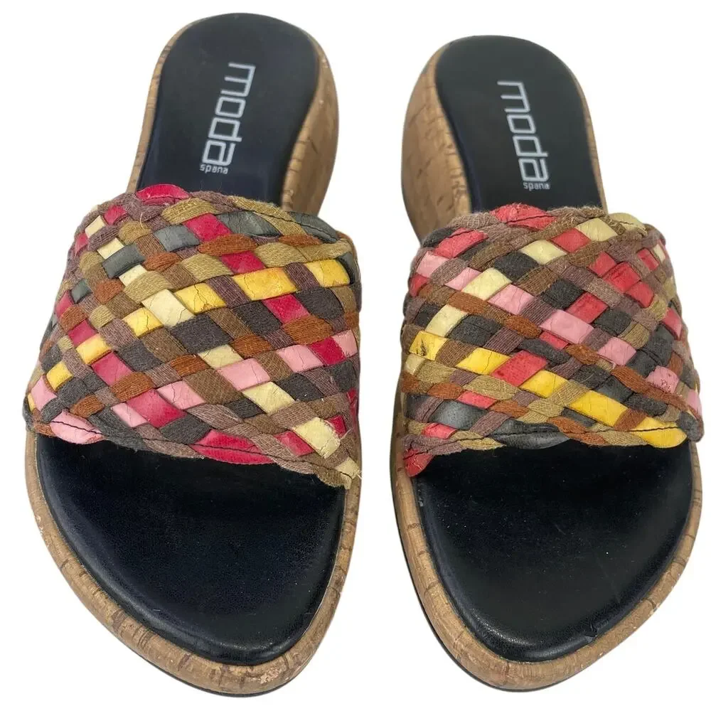 Moda Spana Women's Woven Multicolor Wedge Sandal Brown Pinks Yellow Cream S 7.5